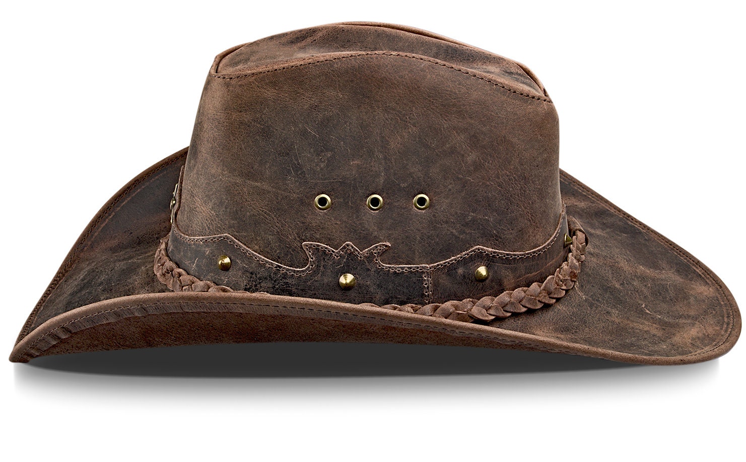 Cappello Da Cowboy In Lana Mista Con Tesa Larga E Cinturino In Pelle - Marrone, Taglia 56-58 Cm