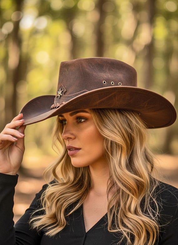 Distressed Leather Cowboy Hat Dark Brown, Outback Western  display picture 1