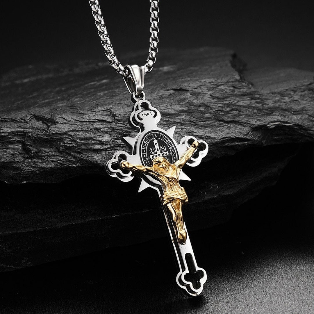 Saint Benedict Necklace Pendant Silver Gold, St Benedict Catholic Medal ...