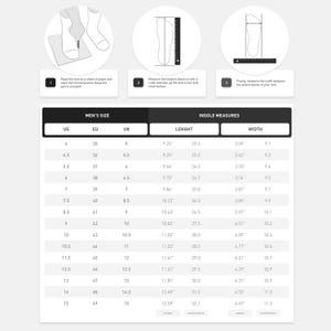 Puede incluir: Un gr&aacute;fico que muestra las tallas de zapatos para hombres en tallas US, EU y UK, junto con las medidas correspondientes de la plantilla en pulgadas y cent&iacute;metros. El gr&aacute;fico incluye medidas de longitud y ancho para cada talla.