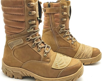 Genuine Leather Military Motorcycle Boots, Sand Desert, Zipper Lace Up