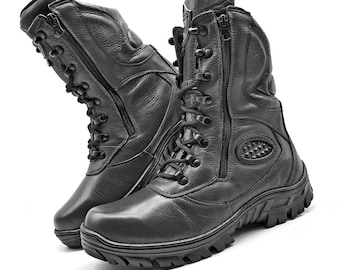Womens Combat Boots, Mens Combat Boots, Black Leather Combat Boots, Mid Calf Boots, Tactical Boots, Work Boots, Lace Up, Zipper Boots