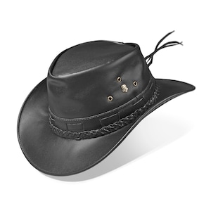 May include: A black leather cowboy hat with a braided band and a small metal accent on the crown.