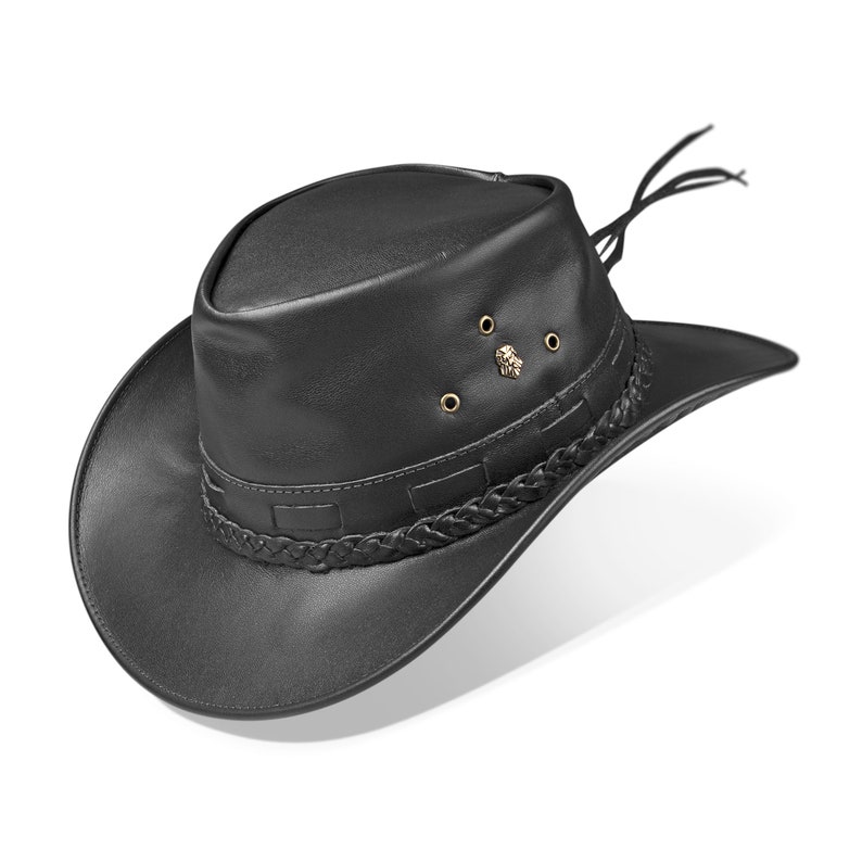 May include: A black leather cowboy hat with a braided band and a small metal accent on the crown.