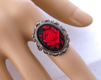 Adjustable Red Rose Cameo Ring/Flower Ring/Gothic Ring/Goth Ring/Goth Jewelry/Gothic Jewelry, Cameo Jewelry, Gunmetal Setting