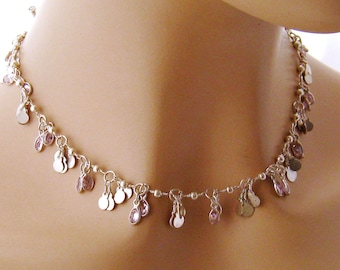 Sterling Silver and Crystal Charm Necklace and Earrings, Pink Jewelry Set, Dainty