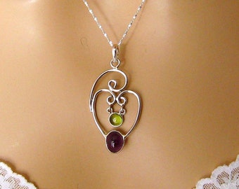 Sterling Silver Peridot and Amethyst Pendant Necklace, Amethyst Necklace, February Birthstone, August Birthstone