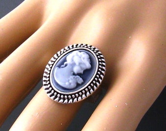 Victorian Lady Adjustable Blue Cameo Ring, Victorian Jewelry, Cameo Jewelry Gift, Bezel Set Victorian Ring, Adjustable Ring Antiqued Silver