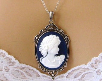 Navy Blue Cameo: Victorian Woman Blue Cameo Necklace, Antiqued Silver, Vintage Style Romantic Victorian Jewelry, Blue Cameo Necklace