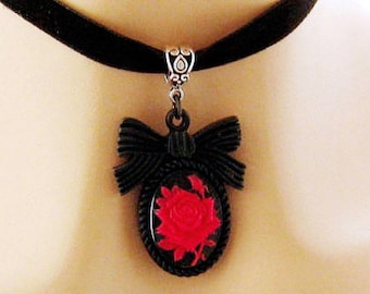 Gothic choker Goth necklace Gothic jewelry Goth jewelry Gift for her Red Rose Black Cameo Necklace on Black Velvet Choker