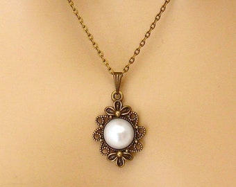8th Anniversary Gift for Her/Bronze Pendant Necklace/Bronze Jewelry/Bronze Medallion Necklace/Faux Pearl/Bronze Anniversary Gift for Her