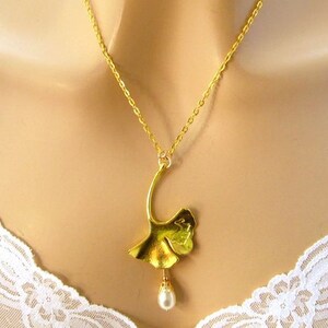 Jóias românticas Art Nouveau, presente de 8º aniversário para ela, colar Ginkgo Art Nouveau, colar de noiva, casamentos, ouro, ouro antigo ou prata imagem 7