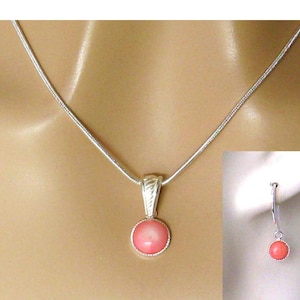 Genuine Pink Coral Pendant Necklace and Earrings Set, Natural Pink Coral Round Bead in Plated Silver or Gold