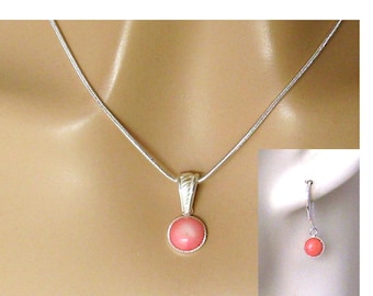 Genuine Pink Coral Pendant Necklace and Earrings Set, Natural Pink Coral Round Bead in Plated Silver or Gold