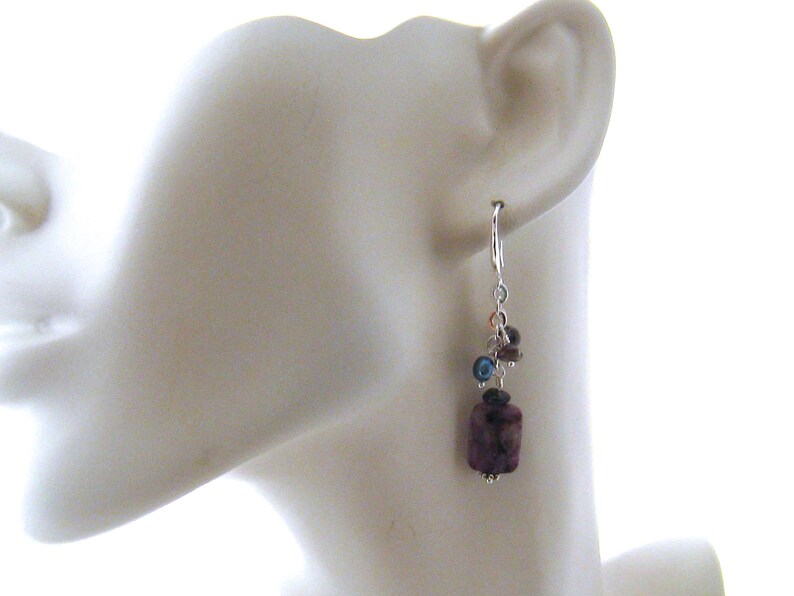 May include: Silver dangle earrings with a purple gemstone and smaller blue and brown beads.