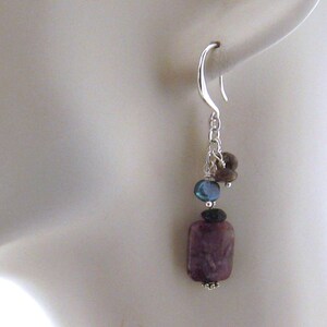 May include: Silver dangle earrings with a purple, rectangular stone, a blue stone, and brown stones.