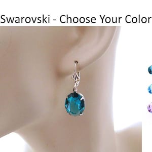 Aqua Blue Drop Earrings, Sterling Silver, Ocean Blue Crystal Lever Back Earrings, Violet, Dark Aqua Earrings, Jewelry Gift for Her