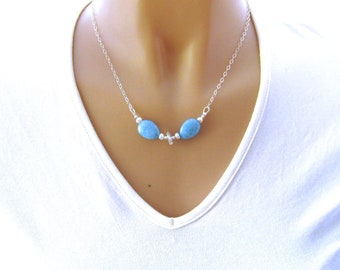 Larimar Necklace, Light Blue Gemstone Necklace, Natural Blue Minimalist Larimar Necklace, Sterling Silver and Pearl, Real Larimar Jewelry