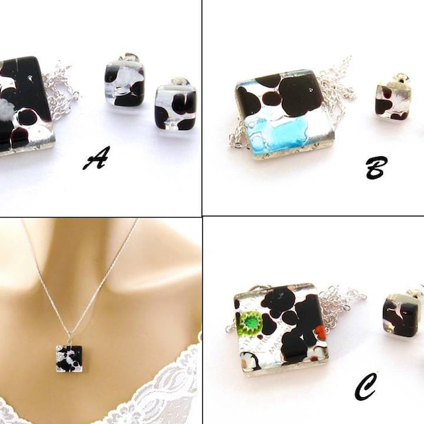 Juego de joyería de cristal de Murano genuino / Collar de Murano / Pendientes de tachuelas de vidrio veneciano / Juego de joyería de vidrio veneciano negro / Regalo de joyería para ella