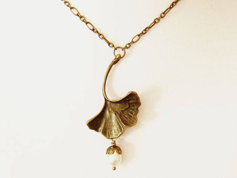 Jóias românticas Art Nouveau, presente de 8º aniversário para ela, colar Ginkgo Art Nouveau, colar de noiva, casamentos, ouro, ouro antigo ou prata imagem 2