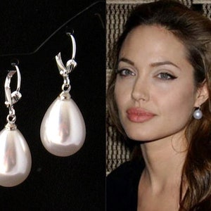 Drop Pearl Earrings, Silver Faux White Pearl Drop Earrings, Sweet 16, Cream Pearl Earrings, Angelina Jolie Wedding Jewelry, Bridesmaid Gift