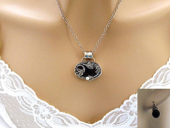 Onyx necklace Onyx earrings Gemstone necklace Gemstone earrings Sterling Silver earrings Sterling Silver necklace Art Nouveau Jewelry Set
