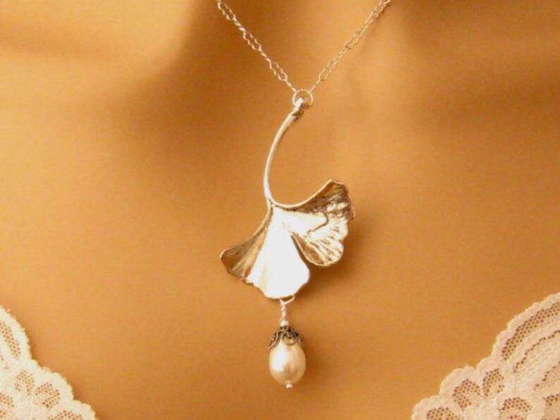 Jóias românticas Art Nouveau, presente de 8º aniversário para ela, colar Ginkgo Art Nouveau, colar de noiva, casamentos, ouro, ouro antigo ou prata imagem 5
