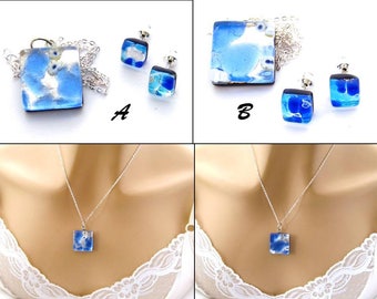 Blue Murano Glass Jewelry Set/Genuine Murano Glass Necklace/Stud Earrings/Blue Earrings/Blue Necklace/Blue Pendant Necklace/Gifts for Mom