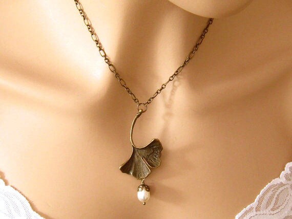Romantic Art Nouveau jewelry 8th Anniversary Gift for her Ginkgo Art Nouveau necklace Bridal Necklace Weddings Gold Antiqued Gold or Silver