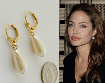 Drop Pearl Earrings, Pearl Drop Earrings, Gold, Sweet 16, Cream Pearl Earrings, Angelina Jolie Wedding Jewelry, Bridesmaid Gift
