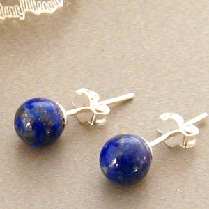Real Lapis Stud Earrings, Blue Gemstone Studs, Blue Lapis Earrings, Sterling Silver Lapis Lazuli Gemstone Earrings