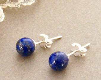 Real Lapis Stud Earrings, Blue Gemstone Studs, Blue Lapis Earrings, Sterling Silver Lapis Lazuli Gemstone Earrings