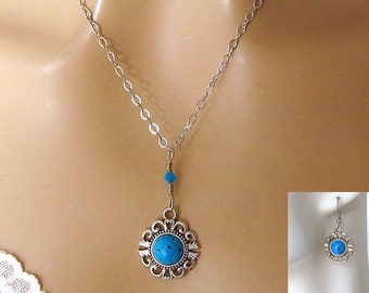 Blue Jewelry Set, Turquoise Blue Pendant Necklace, Blue Earring Set, Silver Tone, Lab Made, Blue Jewelry Gift for Her