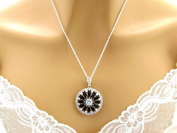 Black Cubic Zirconia Pendant Necklace, Special Occasion