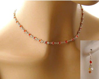 Dainty Necklace/Crystal Necklace/Sterling Silver Earrings Bracelet/Crystal Jewelry Set/Sterling Silver Necklace/Orange Jewelry Gift for Her