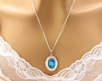Locket victoriano, Collar de medallón de plata, Medallón de dama de honor, Medallón azul, Medallón de plata para mujer, Collar colgante de medallón de estilo vintage