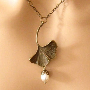 Jóias românticas Art Nouveau, presente de 8º aniversário para ela, colar Ginkgo Art Nouveau, colar de noiva, casamentos, ouro, ouro antigo ou prata imagem 3