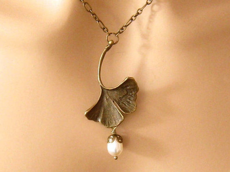 Jóias românticas Art Nouveau, presente de 8º aniversário para ela, colar Ginkgo Art Nouveau, colar de noiva, casamentos, ouro, ouro antigo ou prata imagem 3