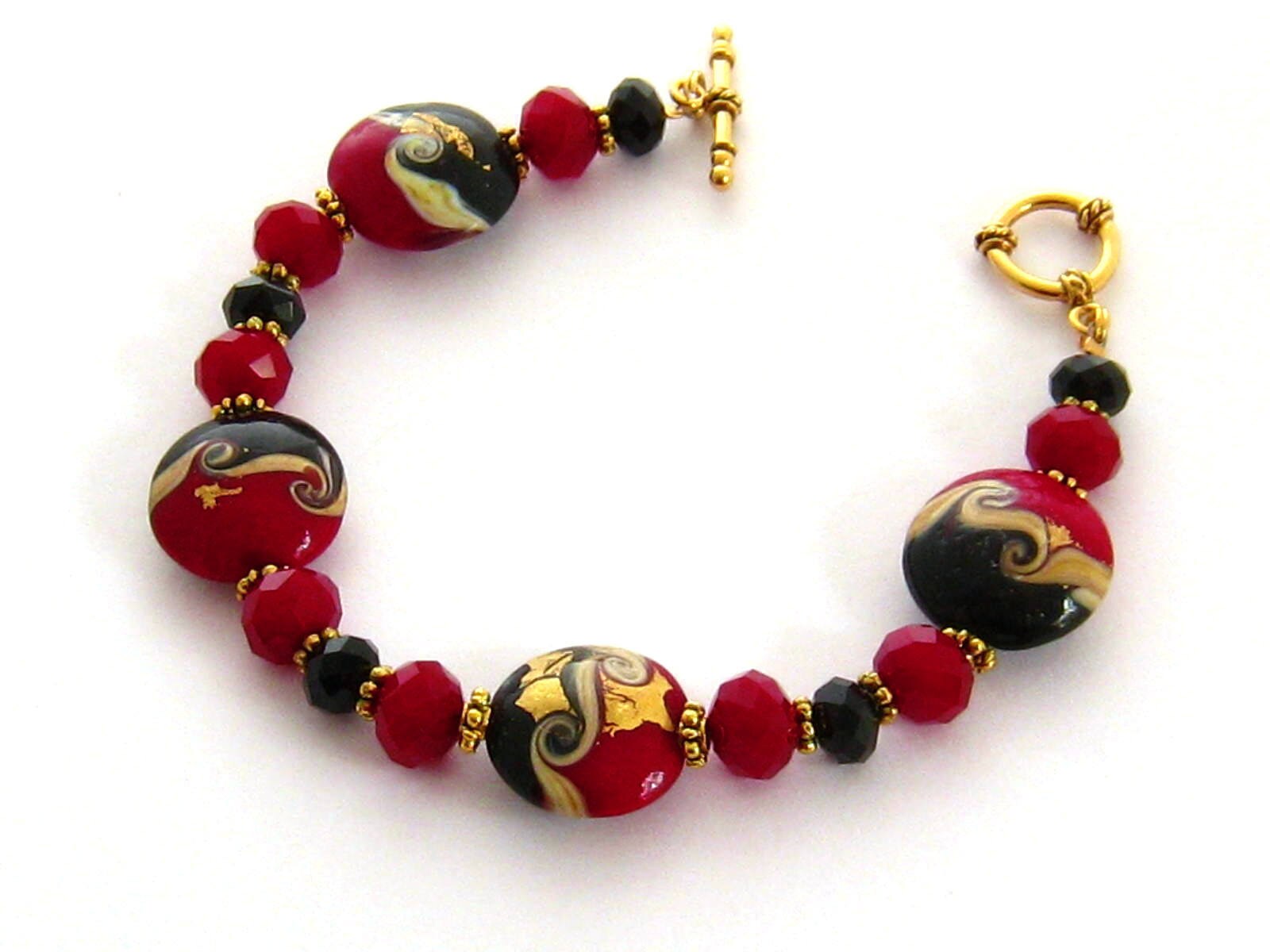 Red Bracelet, Lampwork Artesian Glass Bracelet, Gold Black and Red Bracelet, Jewelry Gift for Her