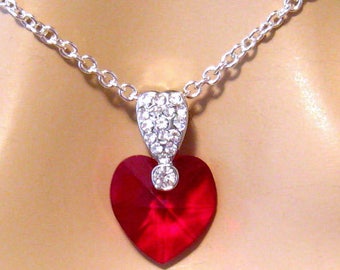 Swarovski Heart Necklace, Swarovski Necklace, Red Heart Necklace, Crystal Red Heart Pendant, Romantic Jewelry Gift Wife Valentines Day Gift
