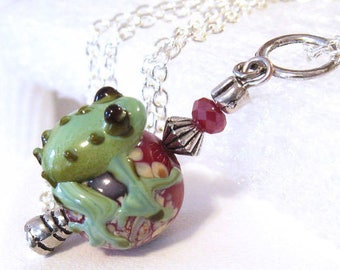 Cute Lampwork Frog Pendant Necklace, Art Glass Animal Jewelry, Red, Green, Yellow