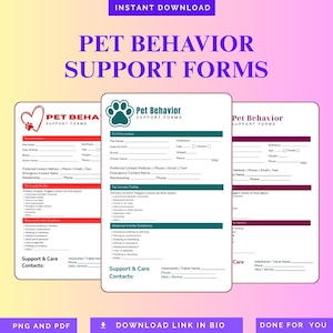Può includere: Tre moduli stampabili di supporto al comportamento degli animali domestici. Ogni modulo presenta sezioni per le informazioni sull'animale, i metodi di contatto preferiti, i profili di ansia e i sintomi di ansia osservati. Download immediato.