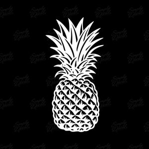 May include: A white silhouette of a pineapple with a detailed design of the leaves and fruit. The pineapple is isolated on a black background.
