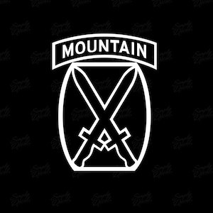 May include: A white outline of a military insignia with the text "MOUNTAIN" above two crossed swords. The insignia is on a black background.