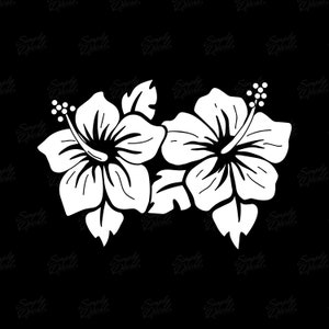 Puede incluir: Una silueta blanca de dos flores de hibisco con hojas sobre un fondo negro.