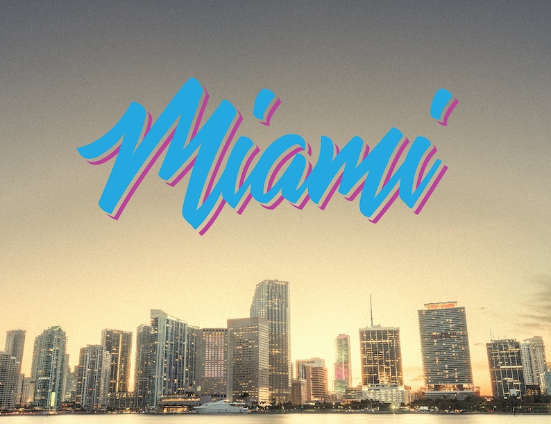 May include: A stylized text graphic of the word "Miami" in blue and pink letters against a light gray background. The graphic is positioned above a cityscape of tall buildings at sunset.