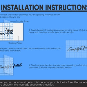 Puede incluir: Instrucciones de instalaci&oacute;n para una calcoman&iacute;a, con pasos que incluyen limpiar la superficie, despegar el respaldo, aplicar la calcoman&iacute;a y retirar la capa de transferencia. La imagen presenta el texto "Simply Decal" y un fondo azul.