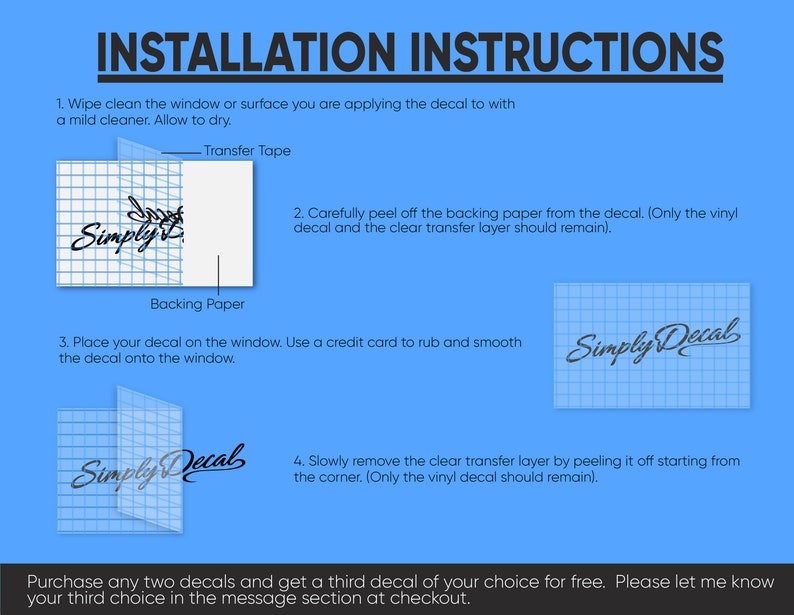 Puede incluir: Instrucciones de instalaci&oacute;n para una calcoman&iacute;a, con pasos que incluyen limpiar la superficie, despegar el respaldo, aplicar la calcoman&iacute;a y retirar la capa de transferencia. La imagen presenta el texto "Simply Decal" y un fondo azul.
