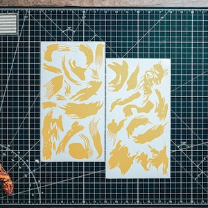 Kit de plantillas de vinilo de alta resistencia al calor con diseño de camuflaje de pinceladas rodesianas - 2 hojas de 28 x 15 cm, duraderas y fáciles de usar, vinilo para plantillas Avery, plantilla Cerakote