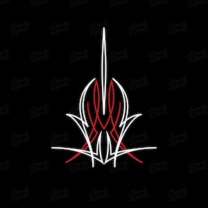 Puede incluir: Un diseño gráfico con un diseño simétrico en blanco y rojo sobre un fondo negro. El diseño tiene un elemento vertical central con líneas curvas y florituras, que recuerda al arte automotriz vintage.